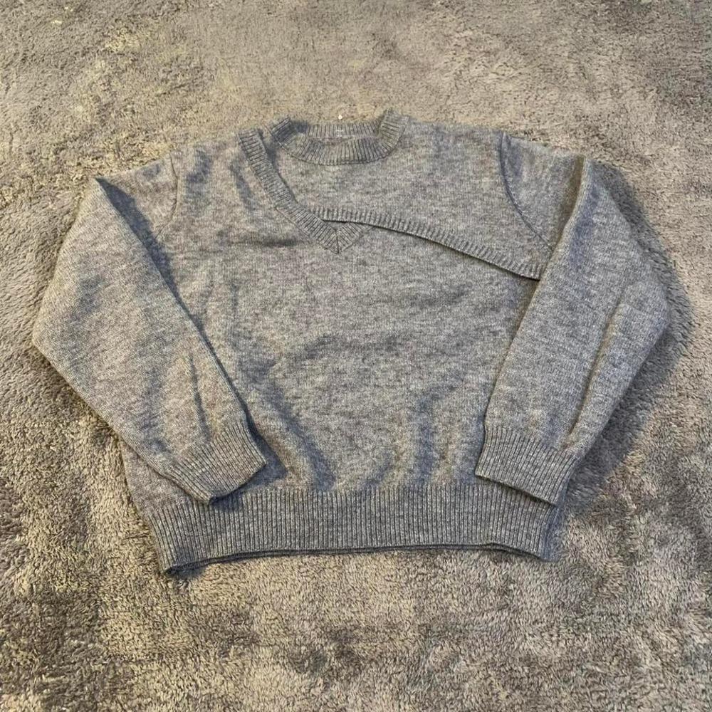 Grey Knit Sweater With unique Overlap design‎